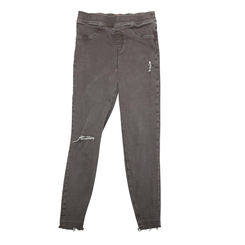 Spanx Jeans Womens Medium Gray Charcoal High Rise Pull On Jeggings Denim Raw Hem